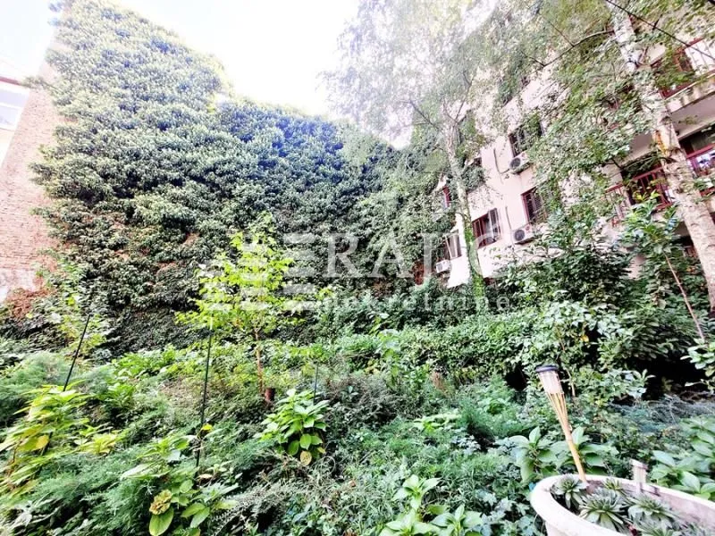 Green courtyard in front of an apartment building with an ivy-covered facade.