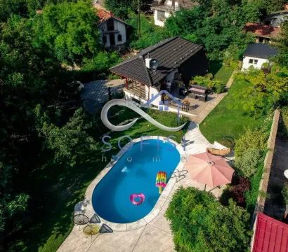 Aerial view of the house with a swimming pool and landscaped yard. - image 15