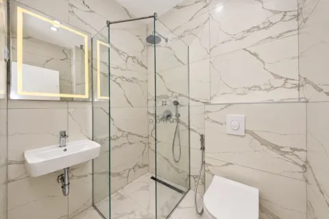 Modernly equipped bathroom with a walk-in shower, washbasin, and illuminated mirror. - image 11