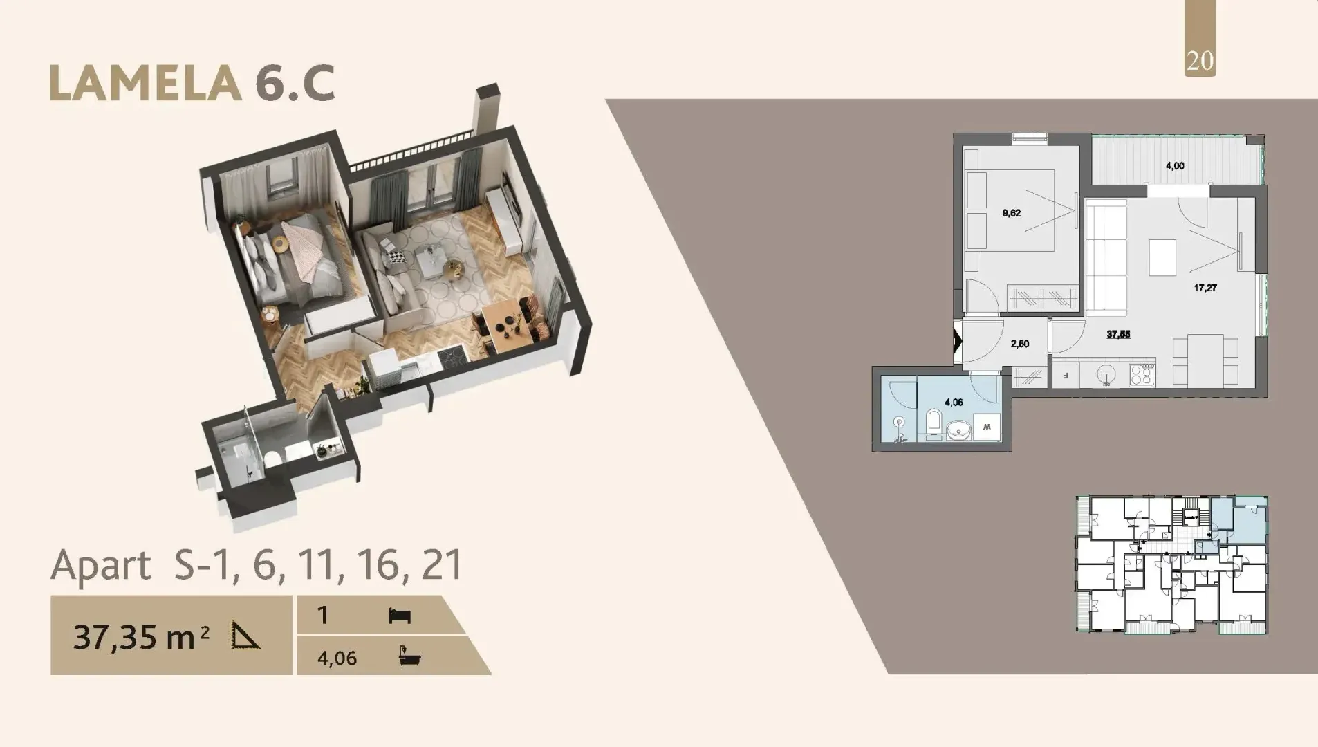 Tlocrt i 3D prikaz jednosobnog stana površine 37,35 m².