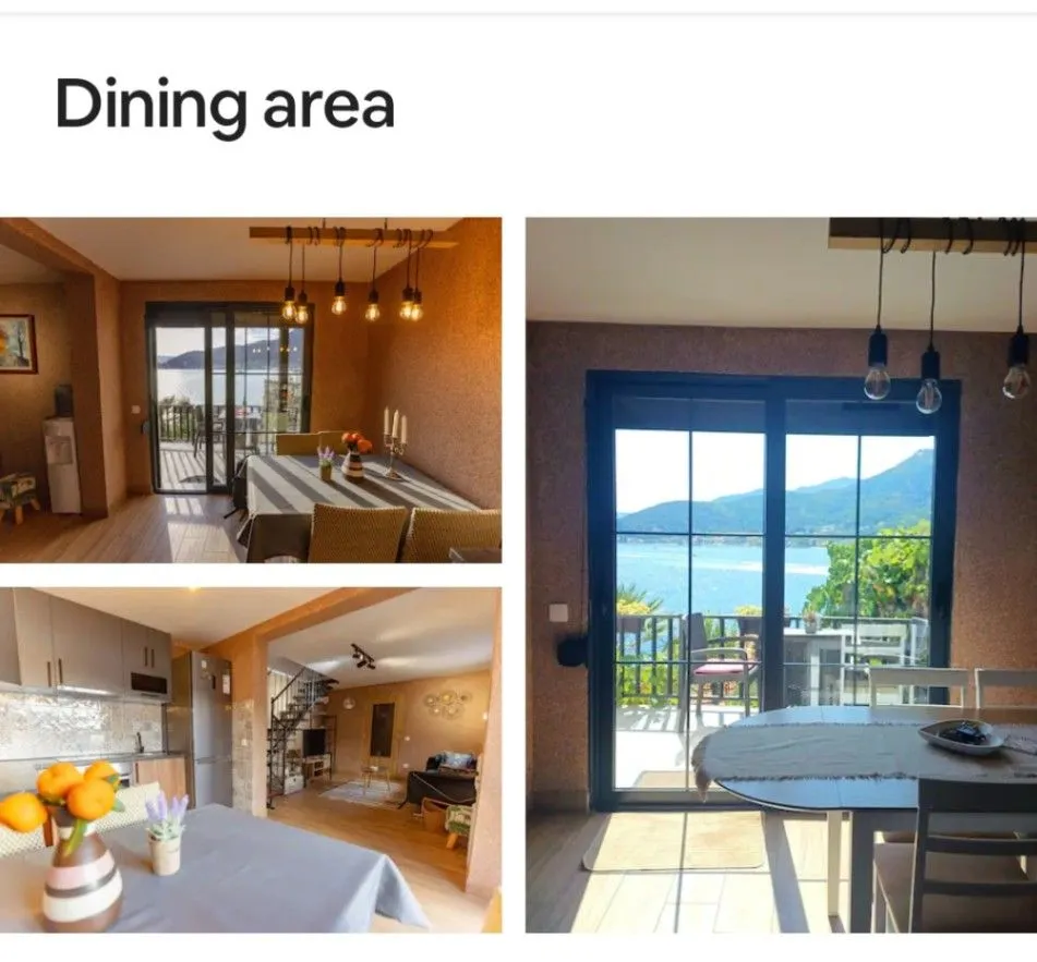 A collage of dining area photos with a sea view.