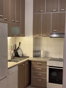 Manja kuhinja sa drvenim elementima, šporetom i sudoperom. - image 4