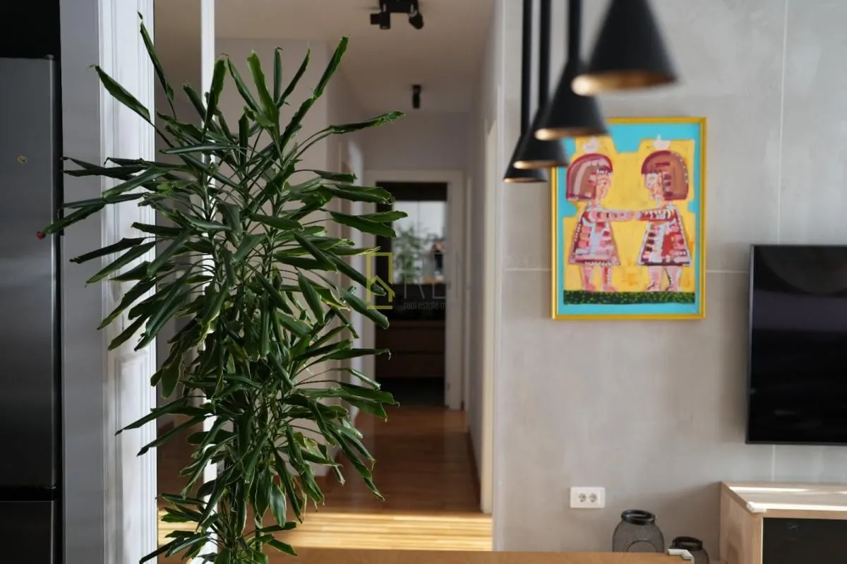 A view of the hallway and part of the living room with a green plant and an artwork on the wall.
