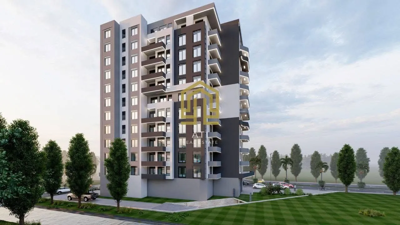 3D vizuelizacija moderne stambene zgrade sa uređenim dvorištem.