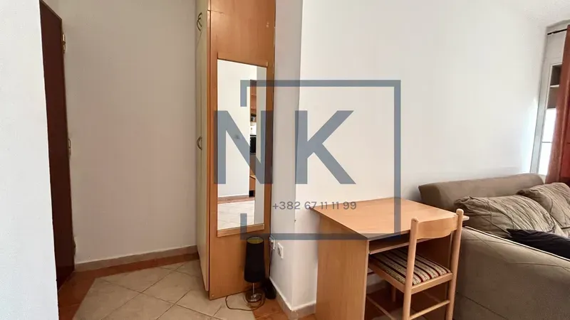 Small living room with a sofa, desk, and a wardrobe with a mirror.