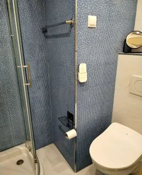 Compact bathroom with a shower cabin and toilet tiled with blue mosaic tiles. - image 15
