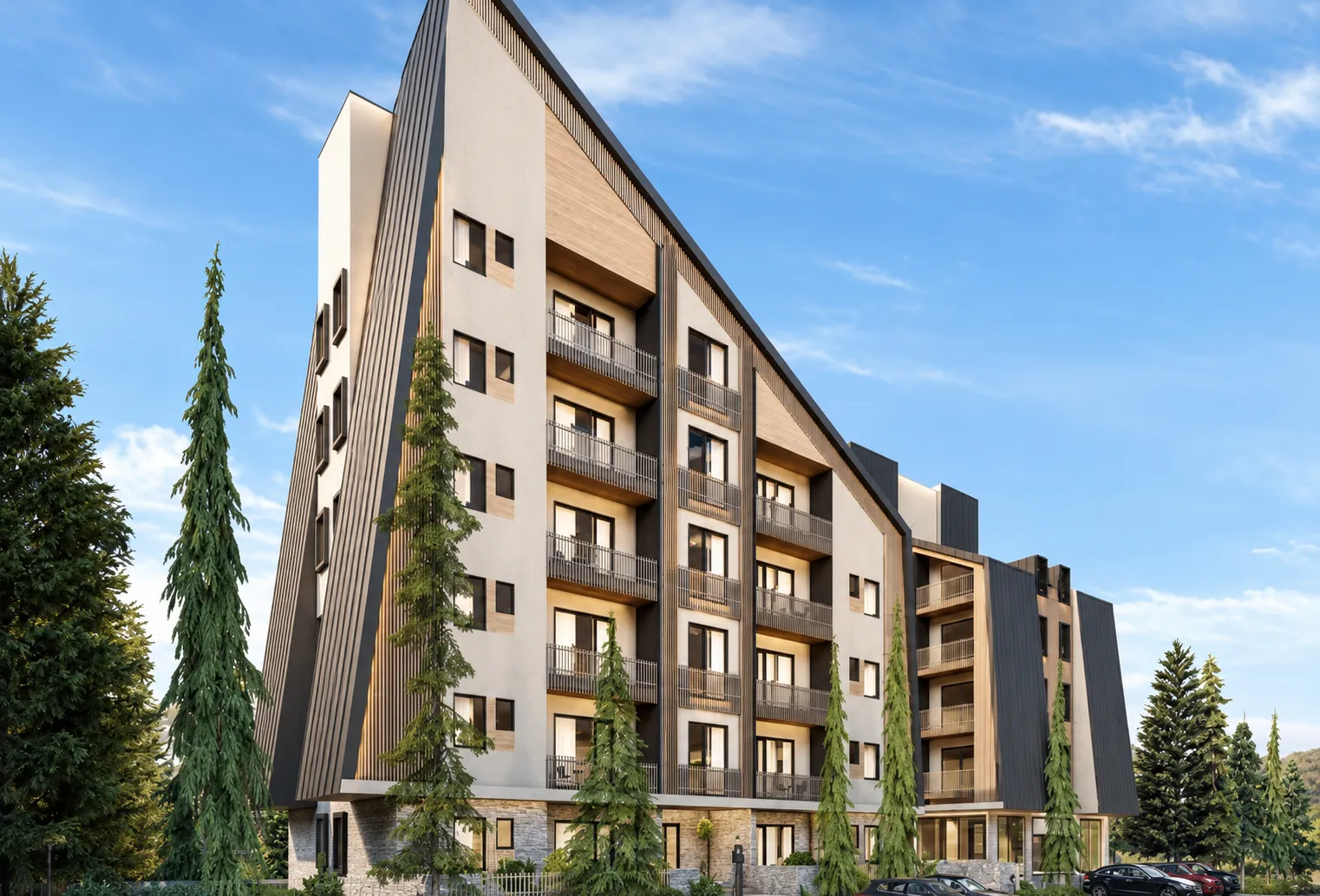 Prikaz eksterijera moderne višestambene zgrade sa trouglastim krovom i balkonima okruženom četinarskom šumom.