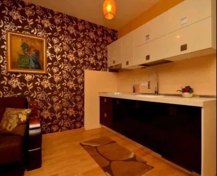 Manja kuhinja povezana sa dnevnim boravkom, sa tamnim elementima i uzorkovanim tapetama. - image 2