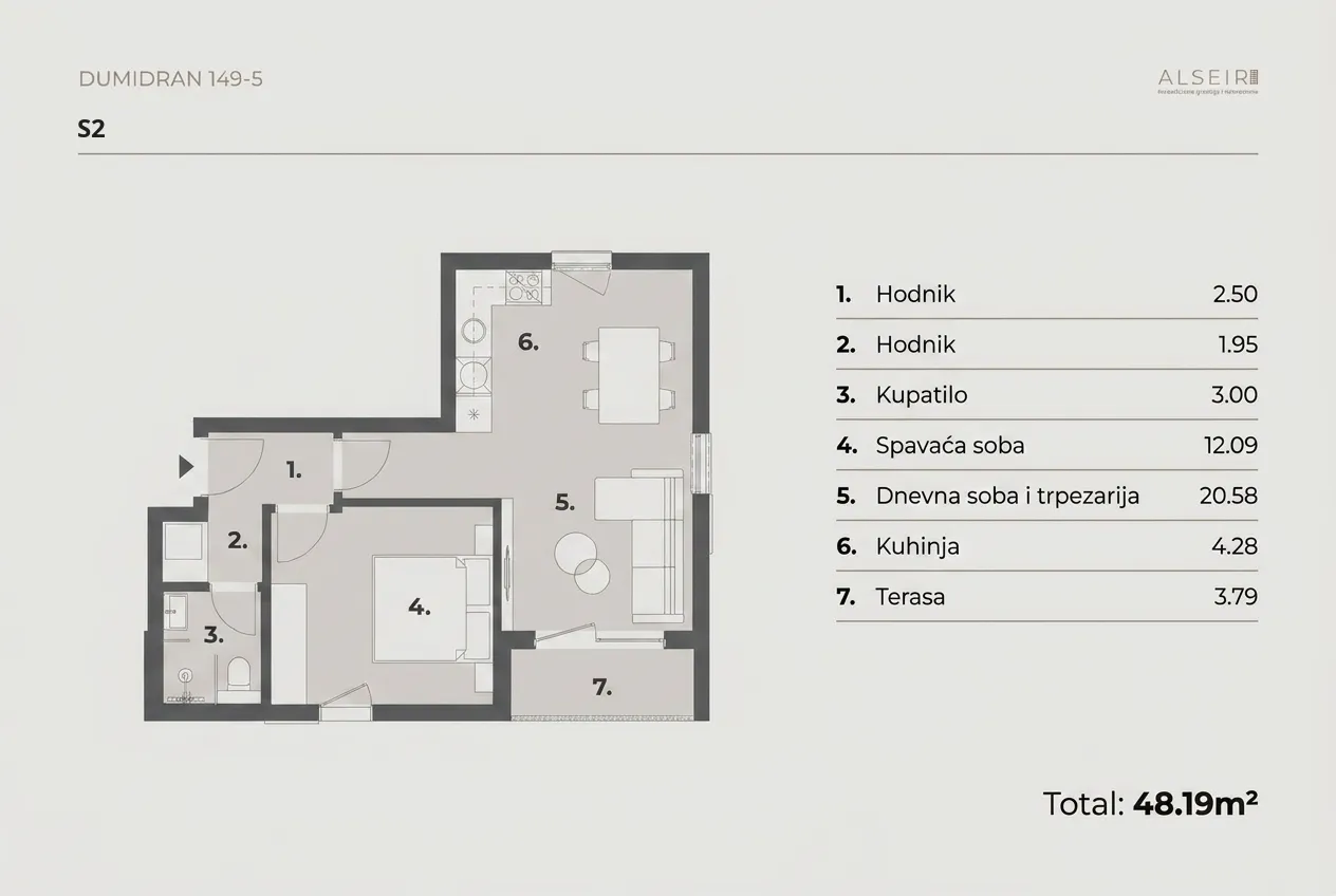 Prodaja, jednosoban stan, 48m², Dumidran, Tivat