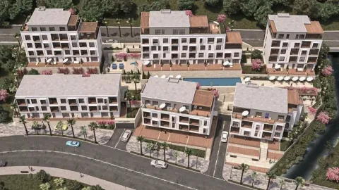 3D prikaz modernog stambenog kompleksa sa bazenom i uređenim dvorištem. - image 2