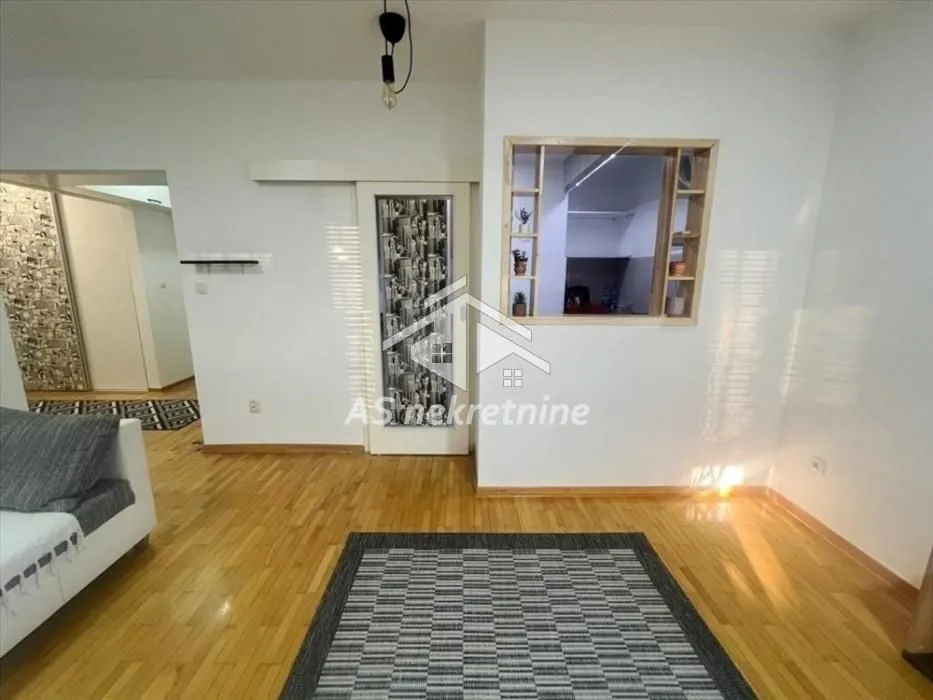 Living room with hardwood flooring, a rug, and a passageway to other rooms.
