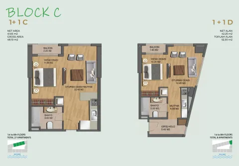 Floor plan of two apartments showing room layouts and square footage. - image 11