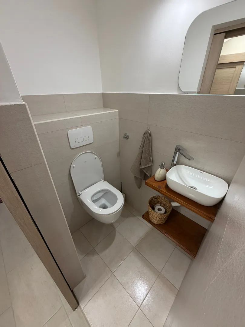 Manje kupatilo sa WC šoljom, umivaonikom na drvenoj polici i ogledalom.