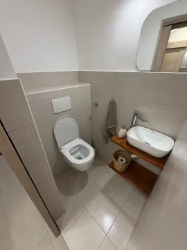 Manje kupatilo sa WC šoljom, umivaonikom na drvenoj polici i ogledalom. - image 4