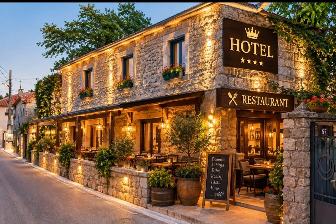 Eksterijer tradicionalne kamene zgrade hotela i restorana u večernjoj rasvjeti.