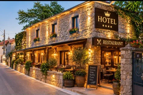 Eksterijer tradicionalne kamene zgrade hotela i restorana u večernjoj rasvjeti. - image 3