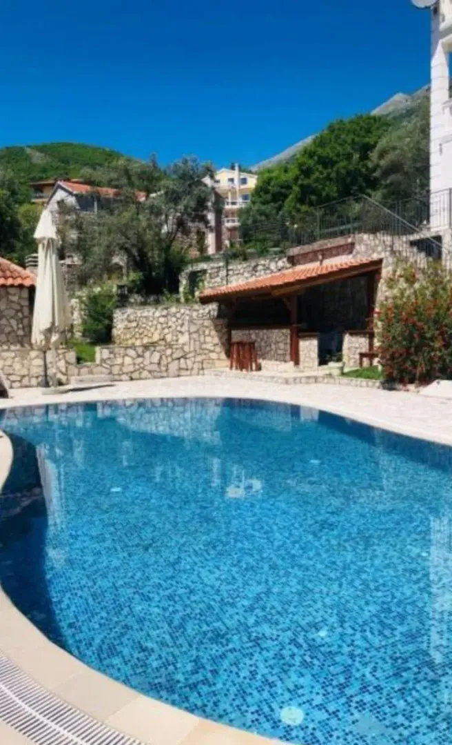 Swimming pool with a paved patio and surrounding area in the yard.
