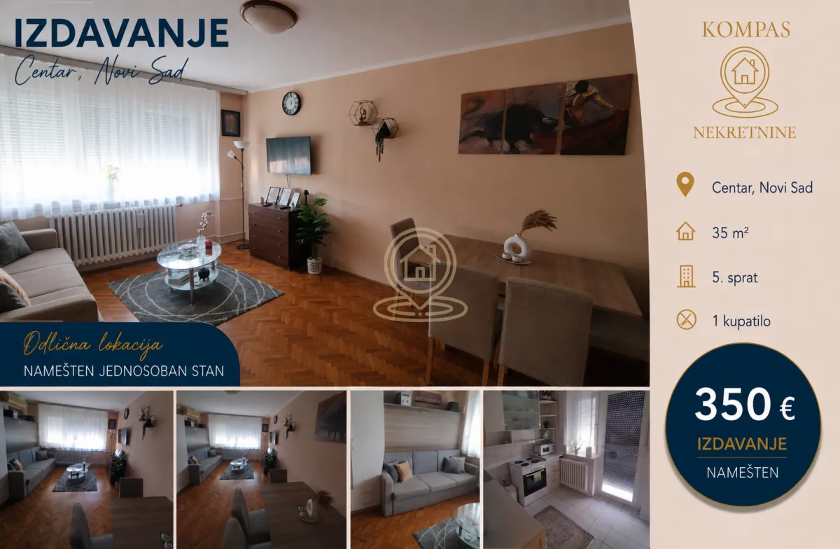 Izdavanje, jednosoban stan, 35m², Centar, Novi Sad