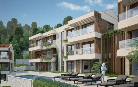 Spoljašnji izgled moderne stambene zgrade sa bazenom i ležaljkama. - image 6