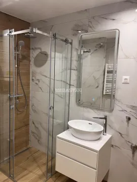 Modern bathroom with a shower cabin, washbasin, and mirror. - image 12