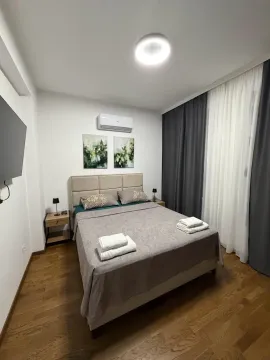 Modern bedroom with a double bed, wooden floor, and air conditioning. - image 6