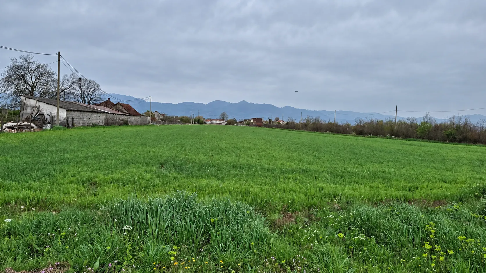 Pogled na prostranu zelenu livadu sa seoskim imanjem u pozadini i planinama.