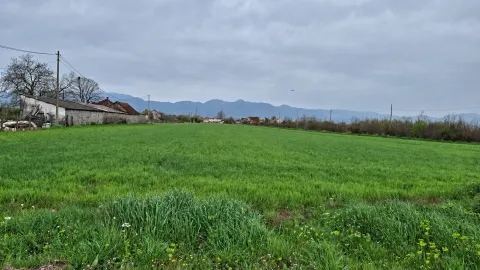 Pogled na prostranu zelenu livadu sa seoskim imanjem u pozadini i planinama. - image 3