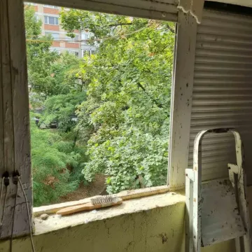 View through the window of green trees and surrounding buildings. - image 8