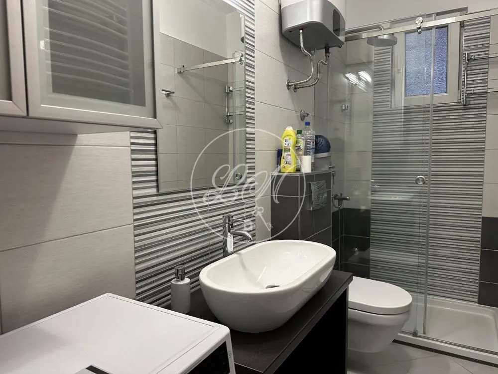 Modern bathroom with a shower cabin, washbasin, and toilet.