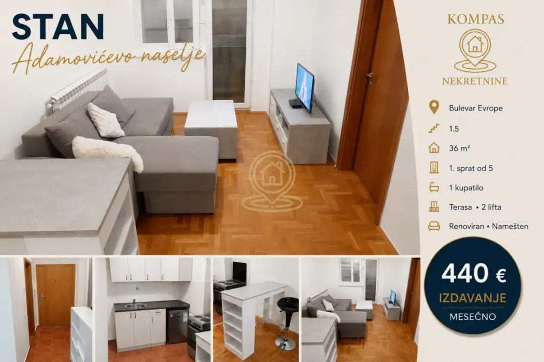 Rent, one bedroom apartment, 36m², Adamovićevo Naselje, Novi Sad Sve Podlokacije