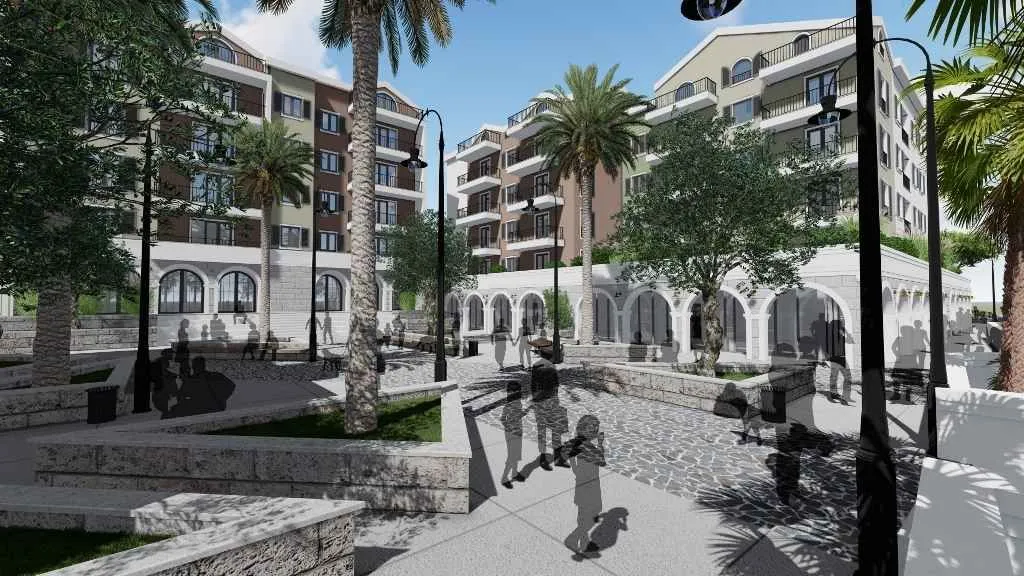 Render kompleksa zgrada sa uređenim dvorištem i palmama.