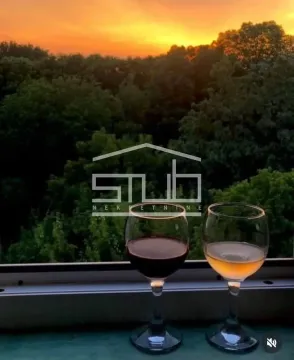 Pogled na zalazak sunca i šumu sa čašama vina u prvom planu. - image 2