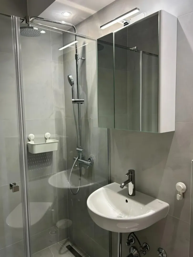 Moderno opremljeno kupatilo sa tuš kabinom i umivaonikom.