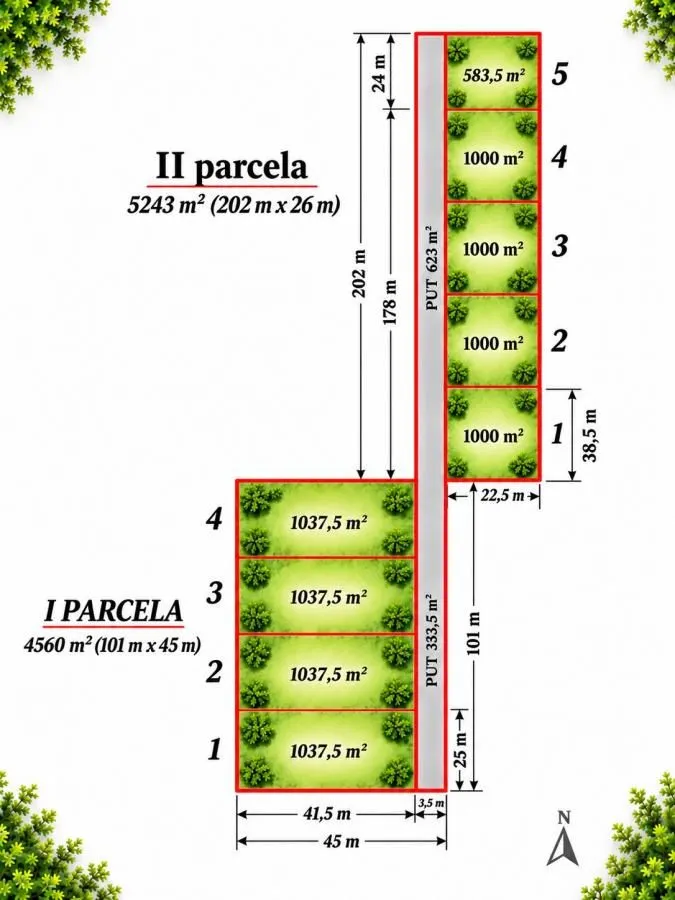 Katastarski plan parcela sa dimenzijama i površinama zemljišta.