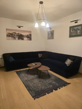 Udobna dnevna soba sa velikom tamnom garniturom, stočićima i slikama na zidu. - image 3