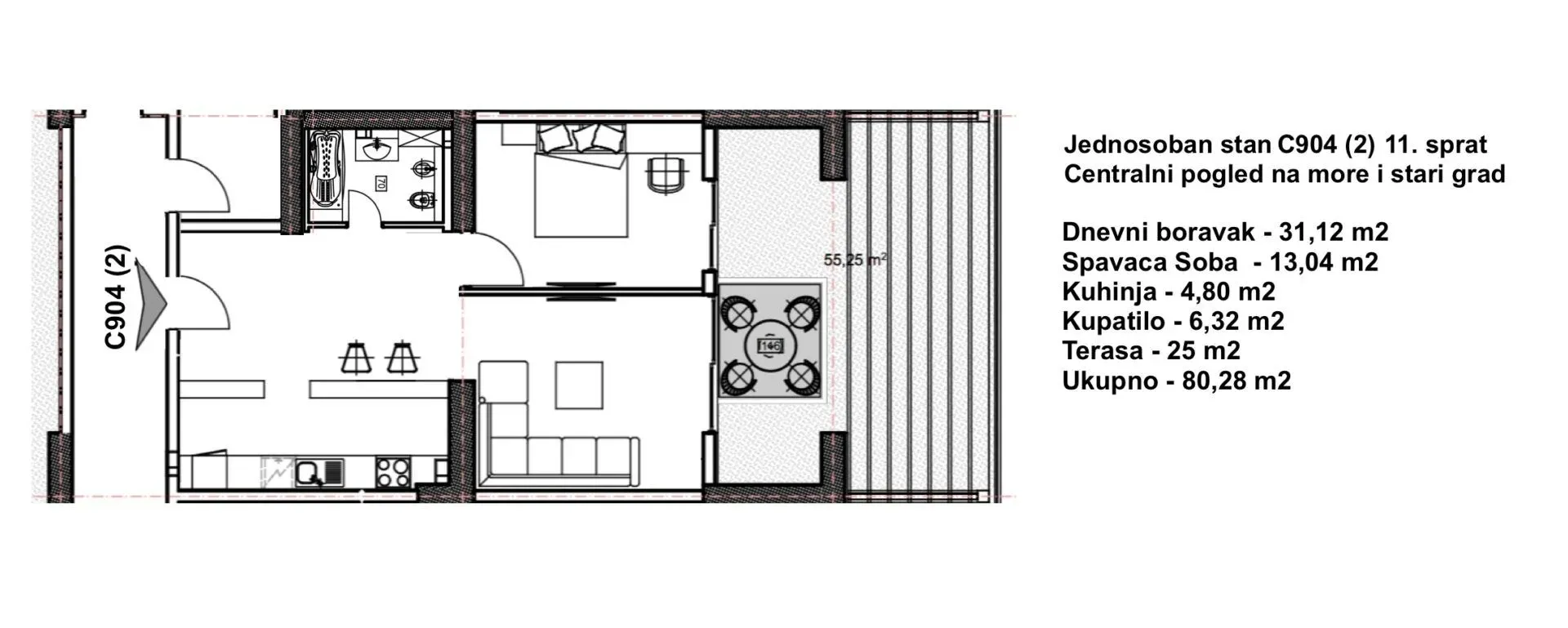 Sale, one bedroom apartment, 80m², Budva, Crna Gora