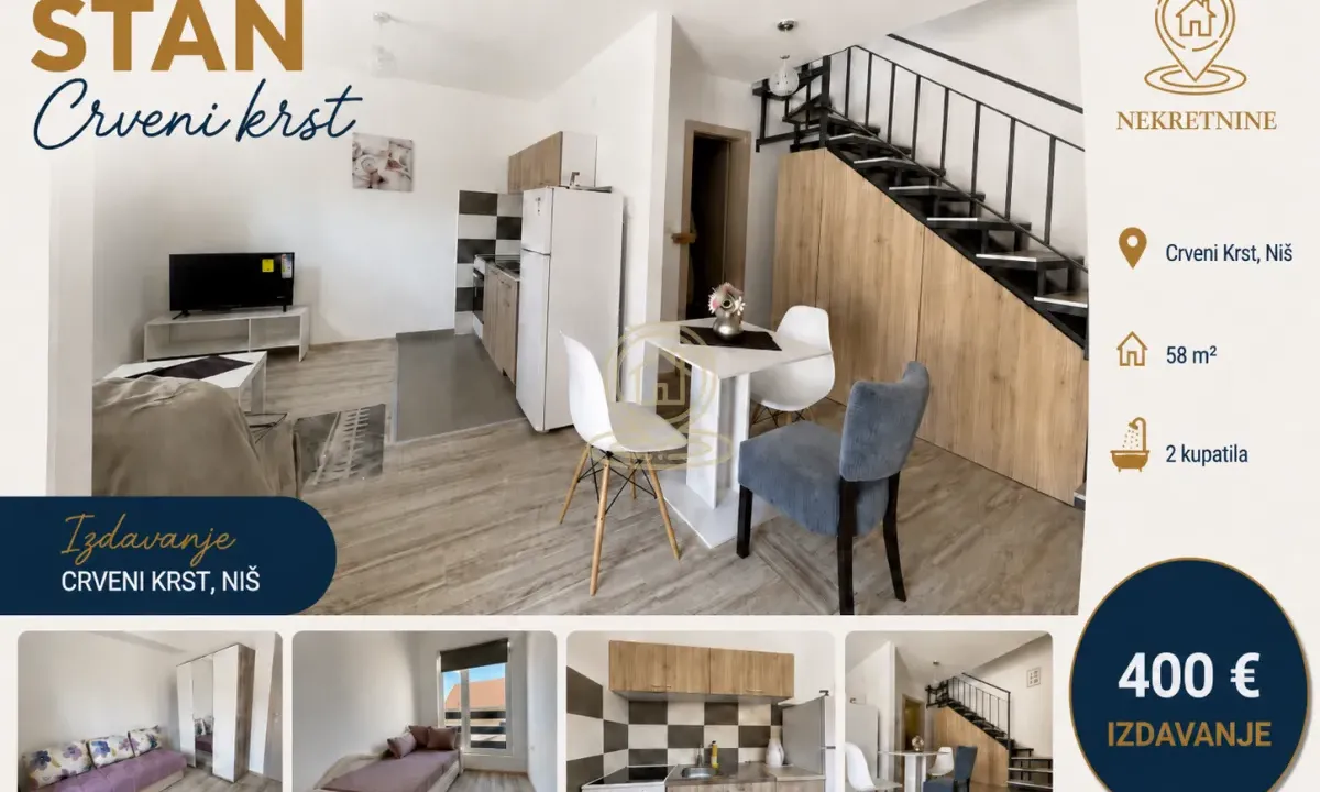 Rent, two bedroom apartment, 58m², Crveni Krst, Niš