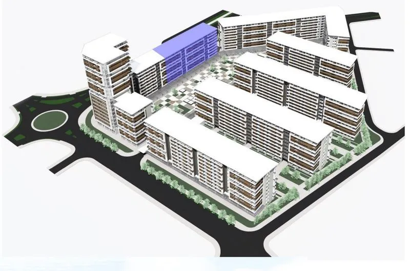 3D render of a residential complex with a highlighted building.
