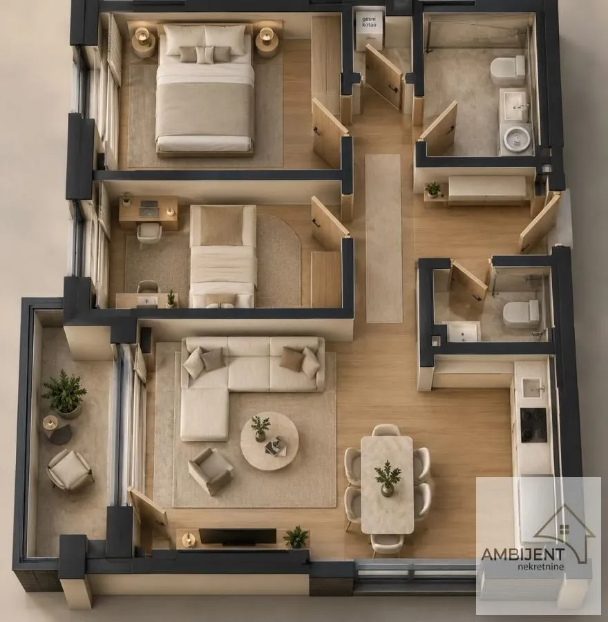Floor plan of a furnished apartment with a living room, two bedrooms, kitchen, and two bathrooms.