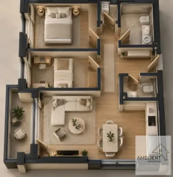 Floor plan of a furnished apartment with a living room, two bedrooms, kitchen, and two bathrooms. - image 3