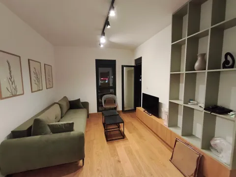 Moderan dnevni boravak sa zelenom garniturom, policama i drvenim podom. - image 6