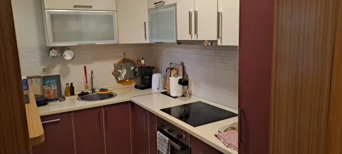 Compact equipped kitchen with white and dark red cabinets. - image 4