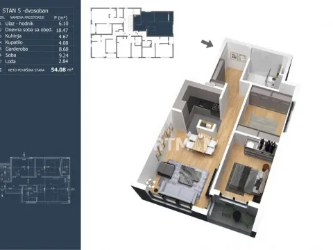 Sale, two bedroom apartment, 54m², Ledine, Beograd