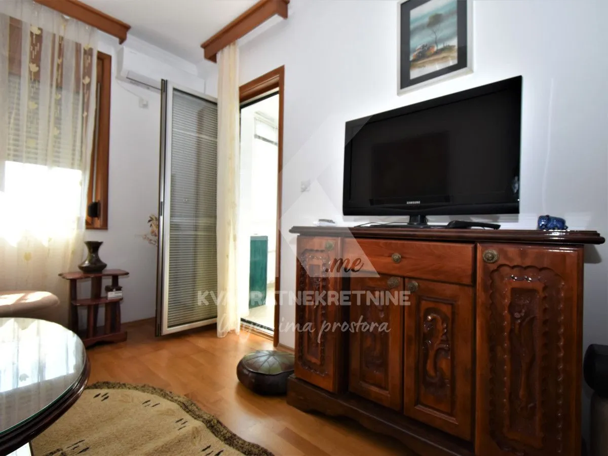 Living room with a wooden chest of drawers and a television.