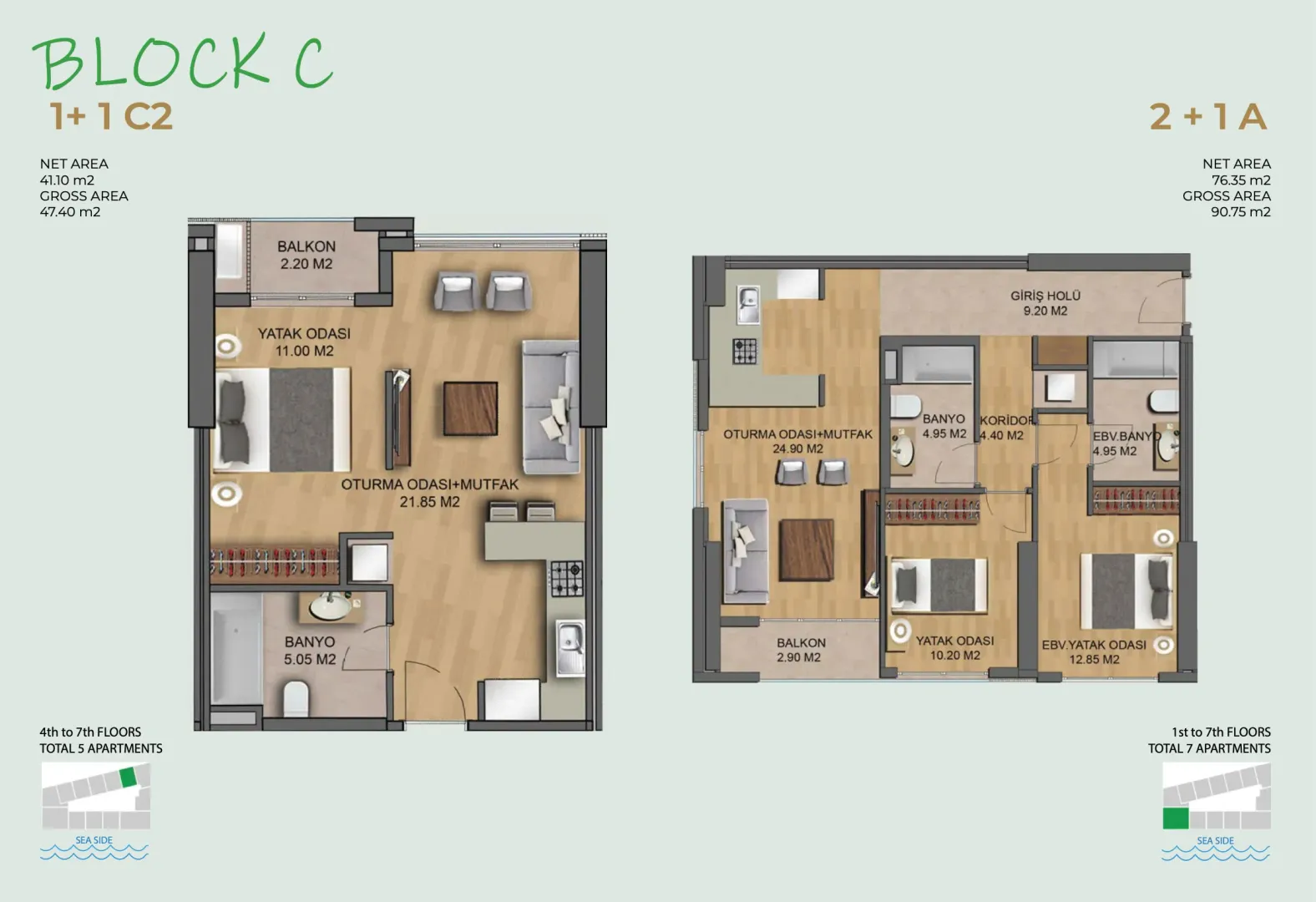 Architectural floor plan of two apartments with detailed room layout.
