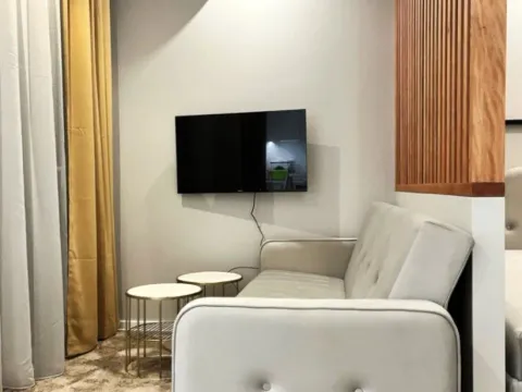 Modern and tidy living room with a sofa and wall-mounted TV. - image 8
