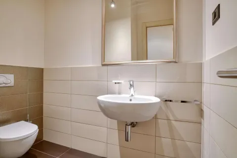 Manje kupatilo sa umivaonikom, ogledalom i toaletnom šoljom. - image 16