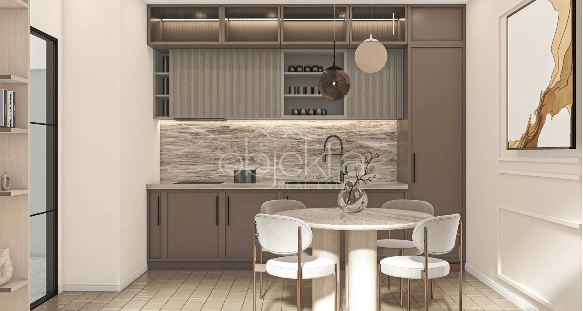 Modern kitchen with a dining table and chairs.