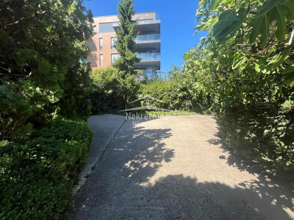 Access road to the building surrounded by greenery and trees.