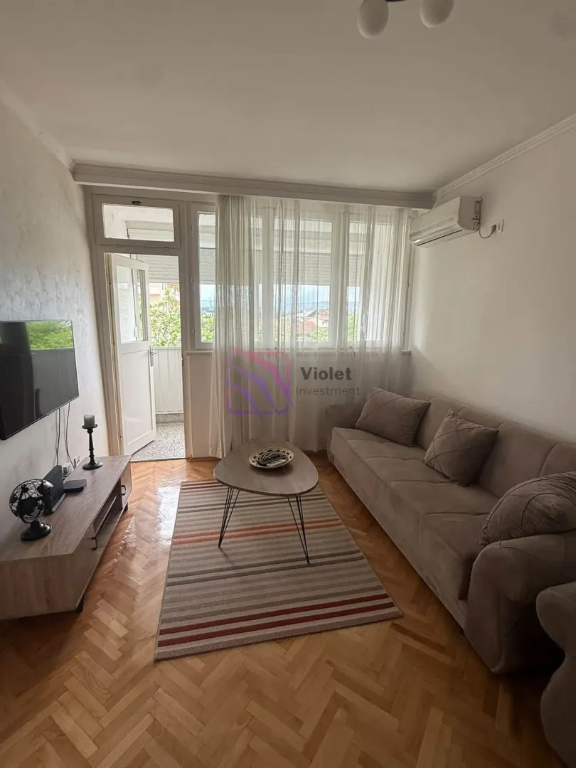 Living room with sofa, TV unit, and access to the balcony.
